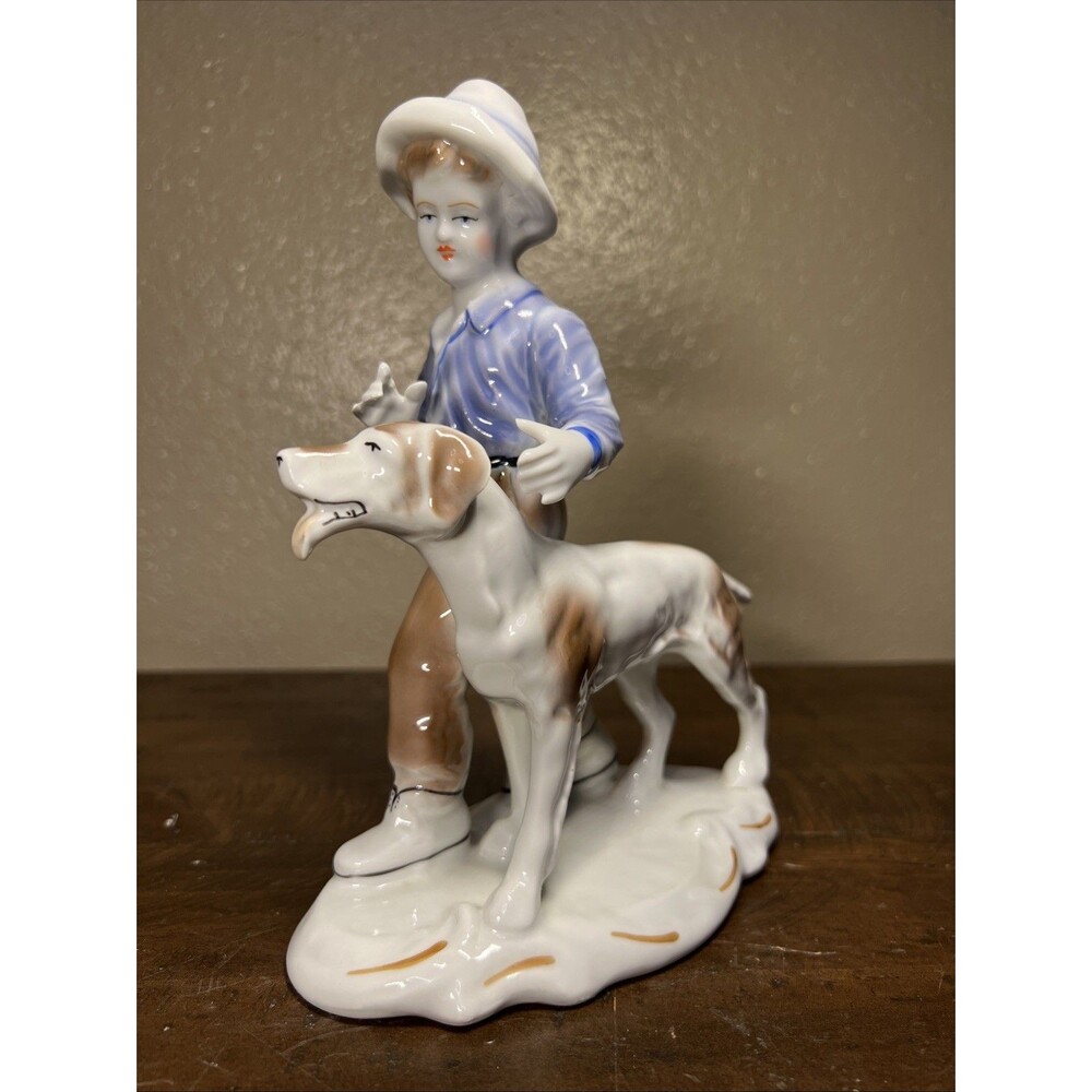 1960's ARPO Vintage Porcelain Statue Figurine Boy & Dog Stamped Made in Romania